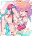  1girl bangs bent_over bikini breasts cleavage flamingo_print floral_print flower grin hair_between_eyes hair_flower hair_ornament hand_on_hip hand_on_own_knee highres idolmaster idolmaster_cinderella_girls jacket jougasaki_mika makeup medium_breasts o-ring o-ring_bikini one_eye_closed open_clothes open_jacket pink_hair red_flower simple_background smile solo swimsuit thigh_strap twintails yagita_(astronomie) yellow_flower 