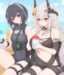  2girls :o ahoge arknights beach bench bikini black_bikini black_eyes black_hair black_ribbon black_shirt black_shorts blue_sky blush breasts cleavage cloud commentary commission cup demon_horns disposable_cup eating flower grey_hair hair_flower hair_intakes hair_ornament hairband highres holding holding_cup horns infection_monitor_(arknights) jewelry la_pluma_(arknights) large_breasts long_hair looking_at_viewer mudrock_(arknights) mudrock_(obsidian)_(arknights) multiple_girls navel necklace official_alternate_costume oripathy_lesion_(arknights) outdoors pointy_ears red_eyes red_flower ribbon risshu see-through shaved_ice shirt short_shorts shorts sitting skeb_commission sky sleeveless sleeveless_shirt small_breasts sparkle stomach swimsuit thigh_strap thighs utensil_in_mouth very_long_hair water white_hairband yellow_flower 