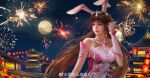  1girl absurdres animal_ears ba_bo_er_benbo_er brown_hair building clothing_cutout collar douluo_dalu dress fireworks hair_ornament highres lantern long_hair looking_to_the_side metal_collar night pink_dress rabbit_ears solo upper_body xiao_wu_(douluo_dalu) 
