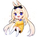  1girl :3 :d animal_ears blonde_hair blue_eyes bow cat_ears chibi commentary constricted_pupils dress forehead full_body hair_between_eyes hair_bow hair_ornament heart holding kneehighs knees_together_feet_apart long_hair long_sleeves looking_at_viewer open_mouth playboy_bunny rabbit_ears rabbit_girl sailor_collar simple_background smile solo sparkle stuffed_animal stuffed_bunny stuffed_toy sweater sweater_dress teeth thick_eyebrows thick_eyelashes upper_teeth very_long_hair virtual_youtuber white_background white_legwear yellow_sweater yenko_(vtuber) yuniepix 