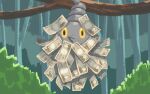  branch burmy closed_mouth commentary_request goritank hanging money no_humans outdoors pokemon pokemon_(creature) solo yellow_eyes yen 