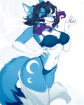  2022 5_fingers absurd_res anthro blue_body blue_fur bra breasts canid canine clothed clothing digital_media_(artwork) eyebrows eyelashes female fingers fox fur hi_res mammal midriff navel open_mouth panties simple_background solo standing teeth tongue underwear vexstacy white_background 
