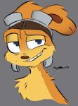  anthro blue_eyes daxter digital_media_(artwork) eyewear feral fur goggles jak_and_daxter male mammal mustelid najalatte naughty_dog orange_body orange_fur ottsel semi-anthro simple_background smile smirk solo sony_corporation sony_interactive_entertainment video_games 