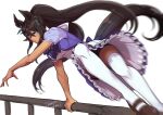  1girl animal_ears bangs black_hair black_shorts breasts brown_footwear closed_mouth dark-skinned_female dark_skin fence green_eyes hair_ornament hi_(ibisf5umauma) horse_ears horse_girl horse_tail jumping long_hair medium_breasts motion_lines ponytail puffy_short_sleeves puffy_sleeves purple_shirt purple_skirt sailor_collar shirt shoes short_sleeves shorts simple_background skirt solo symboli_kris_s_(umamusume) tail thighhighs twitter_username umamusume veins white_background white_legwear 