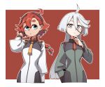  2girls ahoge bangs blue_eyes breasts commentary grey_eyes gundam gundam_suisei_no_majo hairband highres long_hair long_sleeves low-tied_long_hair miorine_rembran multiple_girls ponytail red_background red_hair school_uniform small_breasts suletta_mercury upper_body waffle_drink white_hair 