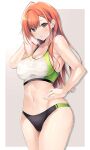  1girl arisugawa_natsuha bangs bare_arms bare_shoulders blush breasts cleavage commentary_request cowboy_shot hand_on_hip highres idolmaster idolmaster_shiny_colors inuzumi_masaki large_breasts long_hair looking_at_viewer midriff navel orange_hair parted_lips simple_background solo sports_bra stomach thighs towel track_and_field wiping_sweat 