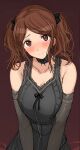  1girl amagami black_bow black_dress blush bow breasts choker dress hair_bow lace lace_choker light_smile looking_at_another medium_breasts medium_hair messy_hair mobu nakata_sae red_background solo twintails v_arms 