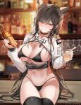  1girl absurdres alcohol animal_ear_fluff animal_ears atago_(azur_lane) atago_(stunning_speedster)_(azur_lane) azur_lane bangs bar bikini black_bikini black_choker black_hair black_legwear blurry blurry_background bottle breasts choker cup dog_ears dolechan drinking_glass grin hair_between_eyes highres holding holding_bottle holding_cup ice ice_cube jack_daniel&#039;s large_breasts long_hair mole mole_under_eye navel official_alternate_costume shrug_(clothing) sitting skindentation smile solo stomach swimsuit thigh_gap thighhighs very_long_hair whiskey yellow_eyes 