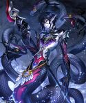  1boy ahoge black_hair black_sclera closed_mouth colored_sclera colored_skin crystal cygames fangs fingernails holding holding_staff jewelry long_pointy_ears looking_at_viewer male_focus monster_boy multiple_tails nijihara official_art pointy_ears purple_skin scales shadowverse sharp_fingernails short_hair slit_pupils smile snake snake_boy solo staff tail wavy_hair yellow_eyes 