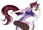  1girl animal_ears bow bowtie brown_footwear brown_hair eyepatch grin hand_up hi_(ibisf5umauma) horse_ears horse_girl horse_tail kicking_at_viewer motion_blur multicolored_hair puffy_short_sleeves puffy_sleeves purple_bow purple_bowtie purple_shirt sailor_collar school_uniform shirt shoes short_hair short_sleeves skirt smile solo standing standing_on_one_leg streaked_hair tail tanino_gimlet_(umamusume) teeth thighhighs tracen_school_uniform twitter_username umamusume w white_background white_legwear white_skirt yellow_eyes 