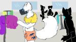  anthro big_ears big_tail canid clothed clothing conversation_without_dialog fluffy fluffy_tail fur girly group happy hi_res inside kayasho looking_at_clothing looking_at_object machine male mammal protogen public shopping silhouette store unknown_artist white_body white_fur 