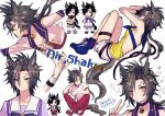  1girl air_shakur_(umamusume) animal_ears backless_outfit bangs black_hair black_nails blush breasts character_name chibi choker common_race_outfit_(umamusume) cropped_jacket eyebrow_piercing hi_(ibisf5umauma) highres horse_ears horse_girl horse_tail jacket long_hair looking_at_viewer looking_to_the_side multiple_views one_eye_closed pants parted_bangs piercing purple_shirt red_pants red_vest sailor_collar school_uniform shirt shoes shorts simple_background small_breasts sneakers sparkle tail thigh_strap tracen_school_uniform twitter_username umamusume v vest white_background white_jacket white_shorts wristband yellow_eyes yellow_shirt 