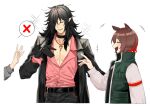  +++ 1boy 1girl animal_ears arknights bangs belt black_coat black_gloves black_hair blush catapult_(arknights) chain coat ear_piercing gloves hair_over_one_eye horse_ears horse_girl infection_monitor_(arknights) jacket jewelry long_hair long_sleeves midnight_(arknights) multicolored_hair necklace parted_lips pectoral_cleavage pectorals piercing pink_hair pink_shirt pointy_ears shirt short_hair simple_background sparkle streaked_hair suika_aji upper_body white_background x 