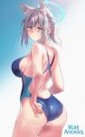  1girl adjusting_clothes adjusting_swimsuit animal_ear_fluff animal_ears ass blue_archive blue_eyes blush breasts competition_swimsuit copyright_name grey_hair hair_ornament large_breasts looking_at_another medium_hair one-piece_swimsuit sawaya_(mizukazu) shiroko_(blue_archive) shiroko_(swimsuit)_(blue_archive) sideboob solo swimsuit thighs x_hair_ornament 