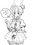  1girl blush cowboy_shot double_bun dress frilled_sleeves frills greyscale hair_bun hair_ribbon highres joutouguu_mayumi lineart monochrome namauni open_mouth puffy_short_sleeves puffy_sleeves ribbon short_hair short_sleeves simple_background solo speech_bubble touhou vambraces white_background 