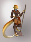  2022 3_toes 5_fingers anthro armor belt blue_eyes bottomwear breasts clothed clothing cravat digital_media_(artwork) feet female fingers firetally hi_res holding_object leather leather_armor lizard looking_forward non-mammal_breasts pants reptile scale_armor scales scalie simple_background solo staff standing toes yellow_body yellow_scales 