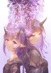  2girls absurdres arknights bangs bare_shoulders black_dress closed_eyes dress dual_persona gradient gradient_background highres horns innoarukugyou lava_(arknights) lava_the_purgatory_(arknights) long_hair looking_at_viewer multiple_girls off_shoulder pointy_ears purple_background purple_eyes purple_hair short_hair twintails upper_body white_background 