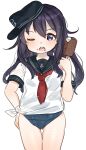  1girl akatsuki_(kancolle) anchor_symbol black_sailor_collar blue_swimsuit breasts chocolate cowboy_shot flat_cap food food_in_mouth hair_between_eyes hand_on_hip hat highres ice_cream kantai_collection kaomoji_(sagor00237) long_hair looking_at_viewer messy_hair neckerchief old_school_swimsuit one-piece_swimsuit open_mouth popsicle purple_hair red_neckerchief sailor_collar school_swimsuit school_uniform serafuku short_sleeves simple_background small_breasts swimsuit swimsuit_under_clothes white_background 