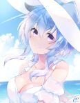  1girl absurdres bangs bare_shoulders blue_hair blush breasts cleavage cloud cloudy_sky curled_horns day dodosako dress ganyu_(genshin_impact) genshin_impact hat highres horns looking_at_viewer medium_breasts purple_eyes sidelocks signature sky smile solo upper_body white_dress 