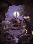  3others arc_draws architecture brush_stroke cave east_asian_architecture faux_traditional_media floating full_moon highres hoothoot lantern moon mountainous_horizon multiple_others nature night night_sky no_humans outdoors pokemon pond rock scenery sky umbreon water 