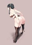  1girl ass black_hair bra braid breasts english_commentary french_braid full_body garter_belt garter_straps hairband high_heels highres huge_ass kenron_toqueen large_breasts lingerie long_hair looking_back panties red_eyes simple_background solo spy_x_family thighhighs underwear underwear_only yor_briar 