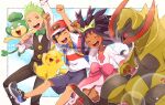  1girl 2boys :d arms_up ash_ketchum blush border buttons chitozen_(pri_zen) cilan_(pokemon) clenched_hands closed_eyes commentary_request dark-skinned_female dark_skin eyelashes green_eyes hair_rings happy hat haxorus iris_(pokemon) knees long_sleeves multiple_boys no_sclera open_mouth outside_border pansage pants pikachu pokemon pokemon_(anime) pokemon_(creature) pokemon_journeys red_headwear shirt shoes shorts sleeveless sleeveless_jacket smile t-shirt teeth tongue upper_teeth vest white_border white_shirt 