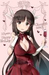  1girl alternate_costume black_hair breasts bridal_gauntlets brown_eyes cleavage_cutout clothing_cutout cup dated dress drinking_glass earrings english_text gloves hair_ribbon happy_birthday highres hime_cut hiyou_(kancolle) holding holding_cup hoop_earrings jewelry kantai_collection large_breasts long_hair minase_(takaoka_nanase) red_dress ribbon sleeveless sleeveless_dress solo white_gloves white_ribbon wine_glass 