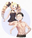  1boy 1girl :d absurdres barefoot beatrice_(re:zero) black_hair black_swimsuit blonde_hair blue_eyes carrying_over_shoulder commission drill_hair grin hair_ornament hair_ribbon happy highres long_hair m.tokotsu natsuki_subaru one-piece_swimsuit open_mouth pixiv_request re:zero_kara_hajimeru_isekai_seikatsu ribbon sidelocks simple_background sitting_on_shoulder smile swimsuit symbol-shaped_pupils teeth topless_male twin_drills 