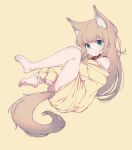  1girl 40hara :3 animal_collar animal_ear_fluff animal_ears bare_legs barefoot between_legs cat_ears cat_girl cat_tail collar curled_up extra_ears full_body green_eyes hand_between_legs kinako_(40hara) light_brown_hair long_hair long_sleeves looking_at_viewer off_shoulder original simple_background sleeves_past_wrists smile sweater tail yellow_background yellow_sweater 