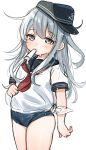  1girl anchor_symbol black_sailor_collar blue_eyes blue_swimsuit blush breasts eating flat_cap food food_in_mouth grey_hair hair_between_eyes hat hibiki_(kancolle) highres holding holding_food hot ice_cream kantai_collection kaomoji_(sagor00237) long_hair looking_at_viewer melting neckerchief old_school_swimsuit one-piece_swimsuit popsicle red_neckerchief sailor_collar school_swimsuit school_uniform serafuku simple_background small_breasts solo swimsuit swimsuit_under_clothes white_background 