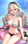  1girl :d absurdres arm_support bangs bare_arms bare_shoulders black_hairband blush breasts cleavage corrin_(fire_emblem) corrin_(fire_emblem)_(female) cowboy_shot fire_emblem fire_emblem_fates fire_emblem_heroes gonzarez grey_hair hair_between_eyes hairband highres large_breasts long_hair looking_at_viewer navel open_mouth red_eyes shell shell_bikini sitting smile solo stomach thighs very_long_hair 