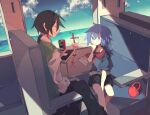  1boy 1girl bad_source black_hair blue_eyes blue_hair bubble_tea closed_eyes facing_another ground_vehicle hello_hello_world! highres long_hair meto_(metrin) ocean official_art oomiya_kyoga ponytail scar scar_on_face second-party_source sitting sugawara_rin train train_interior window 