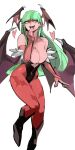  1girl 33dot :d absurdres animal_print bangs bare_shoulders bat_print bat_wings blunt_bangs boots breasts bridal_gauntlets cleavage clothing_cutout demon_girl elbow_gloves full_body gloves green_eyes green_hair head_wings heart heart_cutout highres large_breasts leotard long_hair looking_up morrigan_aensland pantyhose print_legwear short_hair smile solo vampire_(game) wings 