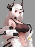  1girl apt arknights bangs bare_shoulders black_choker blush breasts choker cleavage commentary_request crop_top grey_background highres horns large_breasts long_hair looking_at_viewer midriff mudrock_(arknights) navel off_shoulder oripathy_lesion_(arknights) parted_lips pointy_ears red_eyes sarashi simple_background solo sports_bra stomach sweat upper_body white_hair 