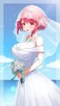  1girl absurdres alternate_costume bangs bouquet breasts bridal_veil bride chest_jewel dress frills highres large_breasts pyra_(xenoblade) red_eyes red_hair short_hair solo swept_bangs taro_(peach_taro51) veil wedding_dress white_dress xenoblade_chronicles_(series) xenoblade_chronicles_2 