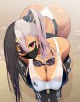  1girl ass bangs black_hair breasts cleavage ear_piercing earrings eyes_visible_through_hair goggles goggles_around_neck huge_ass indie_virtual_youtuber jewelry large_breasts long_hair looking_at_viewer mask mole mole_on_breast mole_under_eye mouth_mask multicolored_hair piercing pink_hair red_eyes satou_daiji solo swimsuit tan tanlines towa_(towa_akqj10) virtual_youtuber 