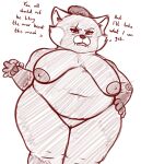  2022 ailurid anthro bottomwear breasts clothing dialogue disney dutch_angle english_text female genitals grandma_wu_(turning_red) hand_on_hip hi_res looking_at_viewer mammal mature_female monochrome nipples nude obese overweight overweight_anthro overweight_female oystercatcher7 pants pixar pussy red_bottomwear red_clothing red_panda red_pants sagging_breasts scar sketch solo talking_to_viewer text turning_red wide_hips 
