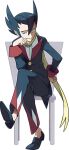  1boy bangs black_hair blue_eyes buttons chair clenched_hands closed_mouth crossed_legs full_body grimsley_(pokemon) hair_between_eyes hand_on_hip hand_up long_sleeves looking_down male_focus official_art oomura_yuusuke pants pointy_hair pokemon pokemon_(game) pokemon_bw scarf shirt shoes sitting smile solo tailcoat white_shirt yellow_scarf 