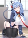  1girl :o absurdres ako_(blue_archive) all_fours animal_ear_fluff animal_ears bangs bell black_gloves blue_archive blue_eyes blue_hair breasts cat_ears cat_tail collar fake_animal_ears full_body garter_straps gloves hair_between_eyes highres kanta_(kanta_077) large_breasts leash long_hair looking_at_viewer neck_bell on_floor open_mouth paw_pose raised_eyebrows red_collar sideboob sidelocks solo tail thighhighs thighs tile_floor tiles viewer_holding_leash 