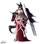  1girl absurdres an_yasuri animal_ears banned_artist bell black_hair black_tail breasts cleavage flower fox_ears fox_girl fox_tail full_body hair_flower hair_ornament hair_over_one_eye highres holding holding_sword holding_weapon katana large_breasts looking_at_viewer multiple_tails navel original red_eyes rope shoes signature simple_background solo standing sword tail tail_bell tail_ornament thighs weapon white_background 