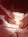  ambiguous_gender ambiguous_species book candle candlelight close-up desk furlana furniture hi_res light loose_feather quill solo table thane_caerulea/the_tower_(teryte_chronicles) writing_utensil 