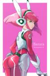  1girl ass barara_peol bodysuit border character_name copyright_name from_side green_eyes gundam gundam_g_no_reconguista highres leaning_forward looking_to_the_side nao32 parted_lips pilot_suit pink_background pink_bodysuit pink_hair short_hair solo white_border 