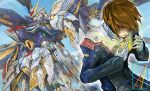  brown_hair clenched_hand denjyou23 glowing gundam gundam_seed gundam_seed_destiny hair_behind_ear kira_yamato looking_ahead mechanical_wings parted_lips pilot_suit purple_eyes science_fiction sky strike_freedom_gundam v-fin wings yellow_eyes 