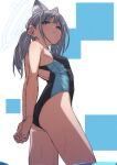  1girl animal_ear_fluff arched_back arms_behind_back ass backless_swimsuit black_swimsuit blue_archive blue_eyes blue_swimsuit breasts closed_mouth competition_swimsuit cowboy_shot cross_hair_ornament earrings from_side fu-ta grey_hair hair_ornament halo highres jewelry long_hair looking_at_viewer one-piece_swimsuit shiroko_(blue_archive) shiroko_(swimsuit)_(blue_archive) small_breasts solo stud_earrings swimsuit two-tone_swimsuit 