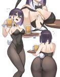  1girl absurdres animal_ears ass bangs bare_shoulders beer_mug bent_over black_bow black_bowtie black_hair blue_eyes bow bowtie braid breast_rest breasts brown_legwear bust_cup cleavage colored_inner_hair cropped_torso cup detached_collar fake_animal_ears fake_tail feet fluf.p flying_sweatdrops head_out_of_frame highres holding holding_tray large_breasts mug multicolored_hair multiple_views open_mouth original pantyhose playboy_bunny purple_hair rabbit_ears rabbit_tail short_hair simple_background spill standing tail traditional_bowtie tray wet white_background wrist_cuffs 