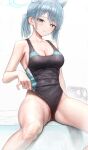  1girl absurdres adjusting_buruma adjusting_clothes adjusting_swimsuit animal_ear_fluff animal_ears bangs black_swimsuit blue_archive blue_eyes breasts buruma cleavage competition_swimsuit cross_hair_ornament feet_out_of_frame fook_(gcts5284) grey_hair groin hair_ornament halo highres medium_breasts medium_hair mismatched_pupils one-piece_swimsuit shiroko_(blue_archive) sitting solo swimsuit two-tone_swimsuit 