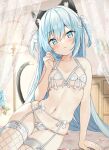  1girl animal_ear_fluff animal_ears bangs bare_arms bare_shoulders blue_eyes blue_hair blue_nails blush bow bow_bra bow_panties bra breasts cat_ears cat_girl cat_tail closed_mouth collarbone commentary_request fishnets garter_belt hair_between_eyes hand_up head_tilt long_hair looking_at_viewer nail_polish navel original panties saeki_sora small_breasts smile solo tail thigh_gap thighhighs two_side_up underwear underwear_only very_long_hair white_bra white_panties 