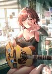  1girl 1other :o absurdres acoustic_guitar armpits asakura_toru black_camisole blush breasts camisole cleavage collarbone covered_nipples embarrassed guitar highres higuchi_madoka holding holding_phone idolmaster idolmaster_shiny_colors indoors instrument looking_at_viewer medium_breasts mole mole_under_eye morino_rinze niwachichi_(maekawasan) phone photo_(object) red_eyes red_hair saijo_juri see-through_shawl shawl short_hair sitting solo_focus sunlight taking_picture 