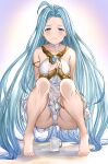  1girl ahoge aldehyde bare_legs bare_shoulders barefoot blue_eyes blue_hair blush choker closed_mouth collarbone commentary_request cup dress gradient gradient_background granblue_fantasy highres legs long_hair looking_at_viewer lyria_(granblue_fantasy) solo squatting toes very_long_hair white_choker white_dress 
