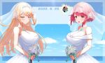  2girls absurdres alternate_costume bangs blonde_hair bouquet breasts bridal_veil bride chest_jewel dress frills highres large_breasts long_hair multiple_girls mythra_(xenoblade) pyra_(xenoblade) red_eyes red_hair short_hair smash_ball super_smash_bros. super_smash_bros._logo swept_bangs taro_(peach_taro51) veil very_long_hair wedding_dress white_dress xenoblade_chronicles_(series) xenoblade_chronicles_2 yellow_eyes 